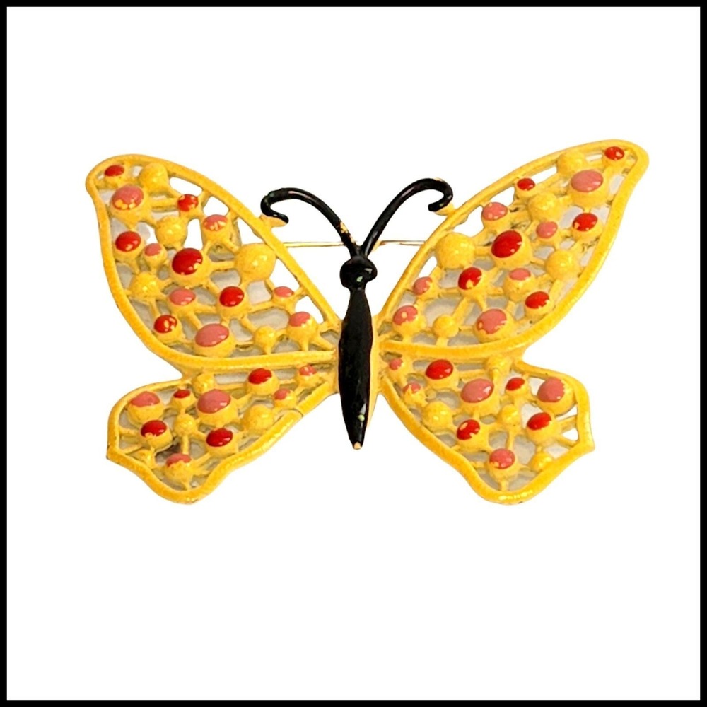 Vintage Yellow Enamel Cast Iron‎ Butterfly Brooch Pin
